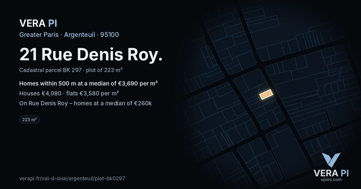 21 Rue Denis Roy, Argenteuil at night – the plot lit, the parcels around coloured by the prices near them