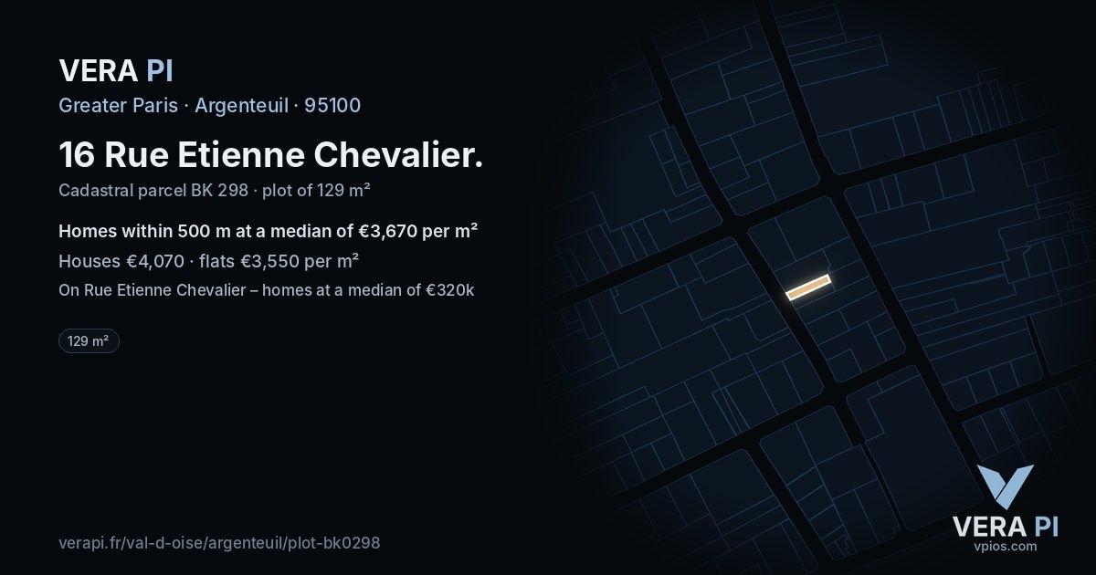 16 Rue Etienne Chevalier, Argenteuil at night – the plot lit, the parcels around coloured by the prices near them