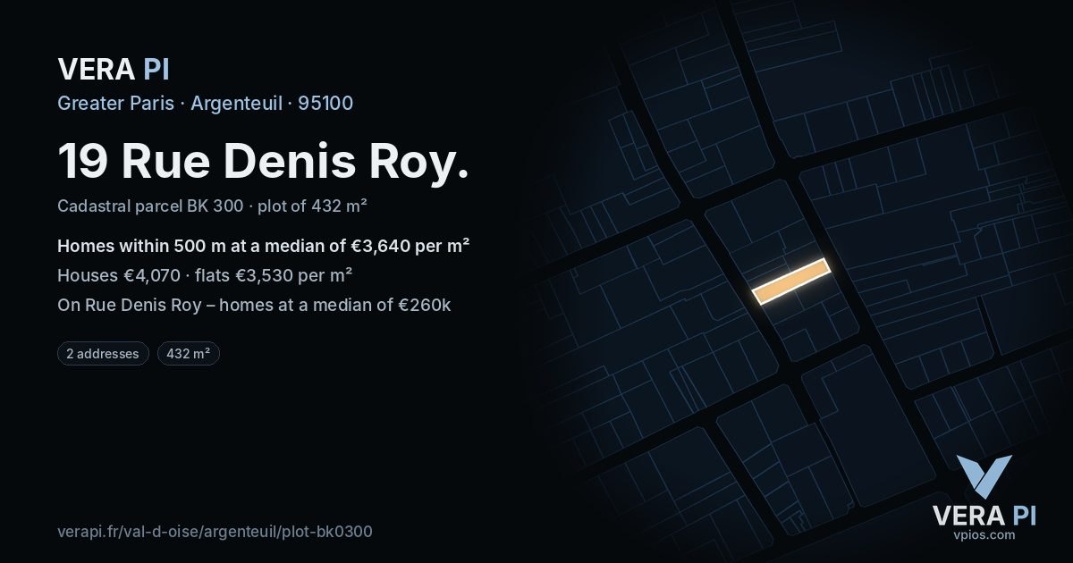 19 Rue Denis Roy, Argenteuil at night – the plot lit, the parcels around coloured by the prices near them