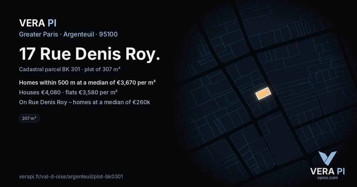 17 Rue Denis Roy, Argenteuil at night – the plot lit, the parcels around coloured by the prices near them