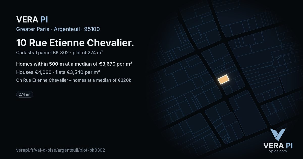 10 Rue Etienne Chevalier, Argenteuil at night – the plot lit, the parcels around coloured by the prices near them