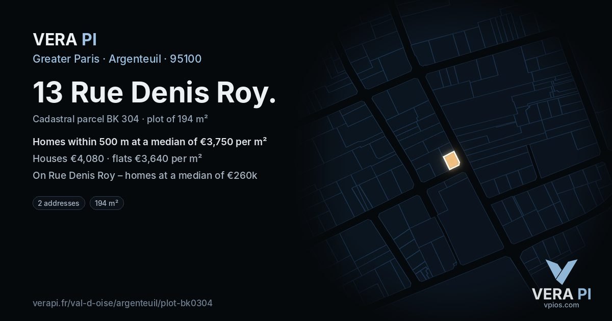 13 Rue Denis Roy, Argenteuil at night – the plot lit, the parcels around coloured by the prices near them