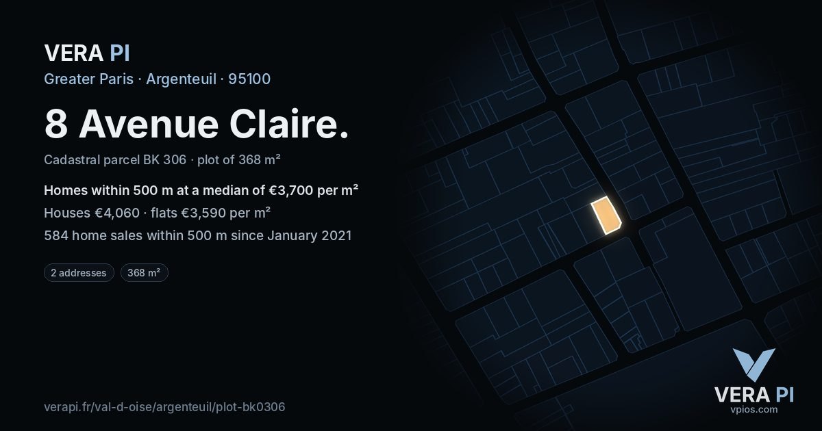 8 Avenue Claire, Argenteuil at night – the plot lit, the parcels around coloured by the prices near them