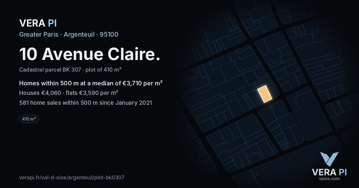 10 Avenue Claire, Argenteuil at night – the plot lit, the parcels around coloured by the prices near them