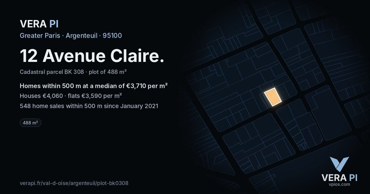 12 Avenue Claire, Argenteuil at night – the plot lit, the parcels around coloured by the prices near them