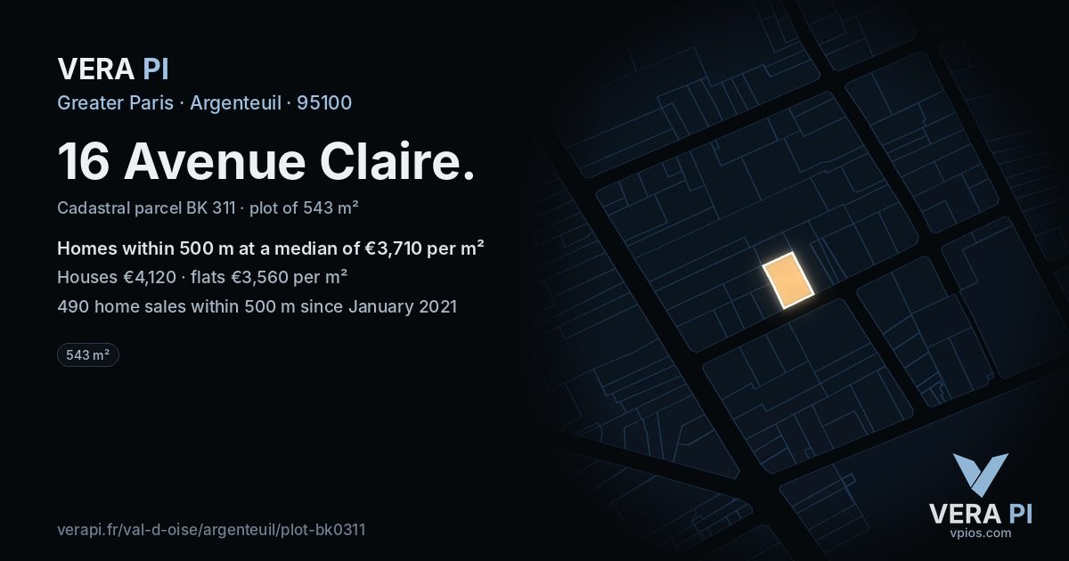 16 Avenue Claire, Argenteuil at night – the plot lit, the parcels around coloured by the prices near them