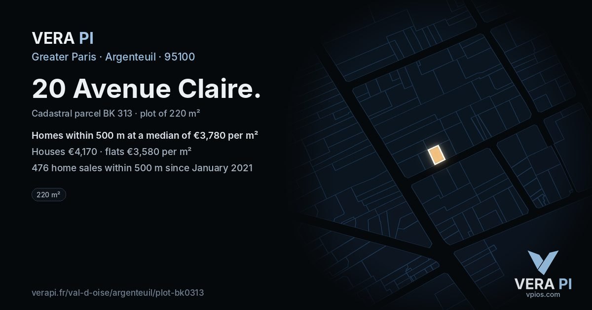 20 Avenue Claire, Argenteuil at night – the plot lit, the parcels around coloured by the prices near them