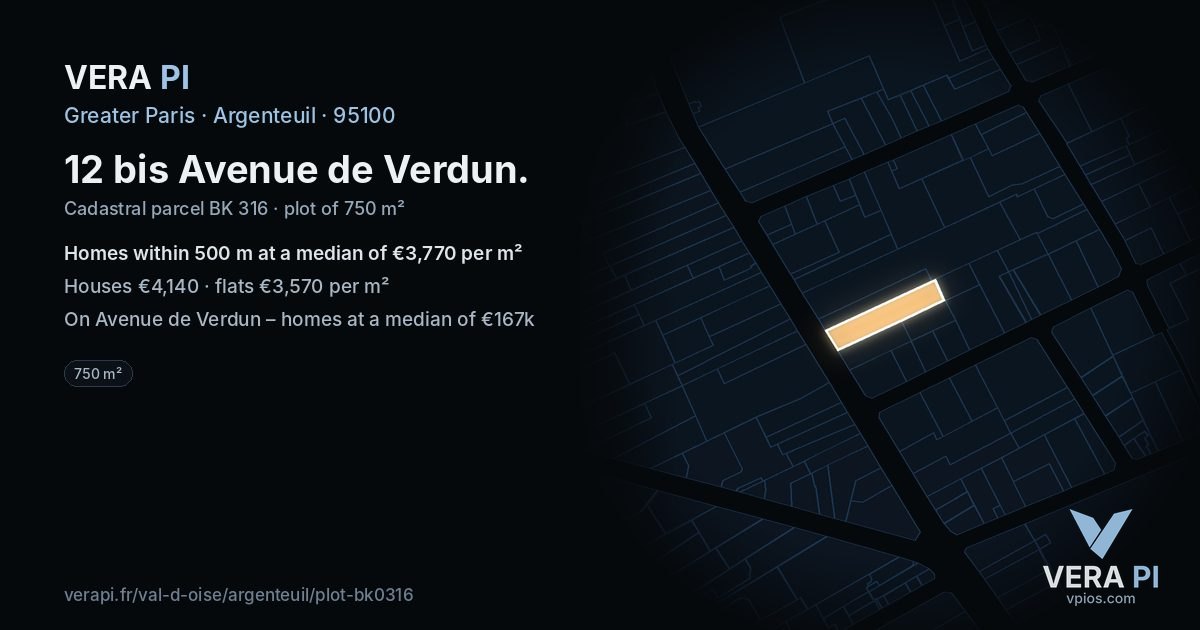 12 bis Avenue de Verdun, Argenteuil at night – the plot lit, the parcels around coloured by the prices near them