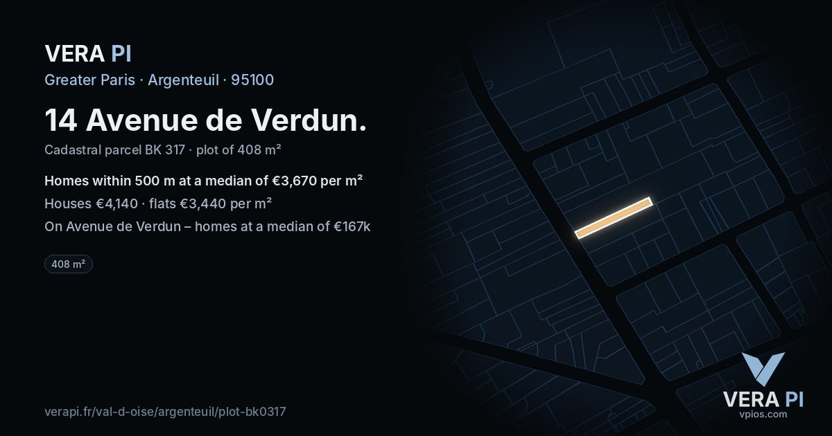 14 Avenue de Verdun, Argenteuil at night – the plot lit, the parcels around coloured by the prices near them