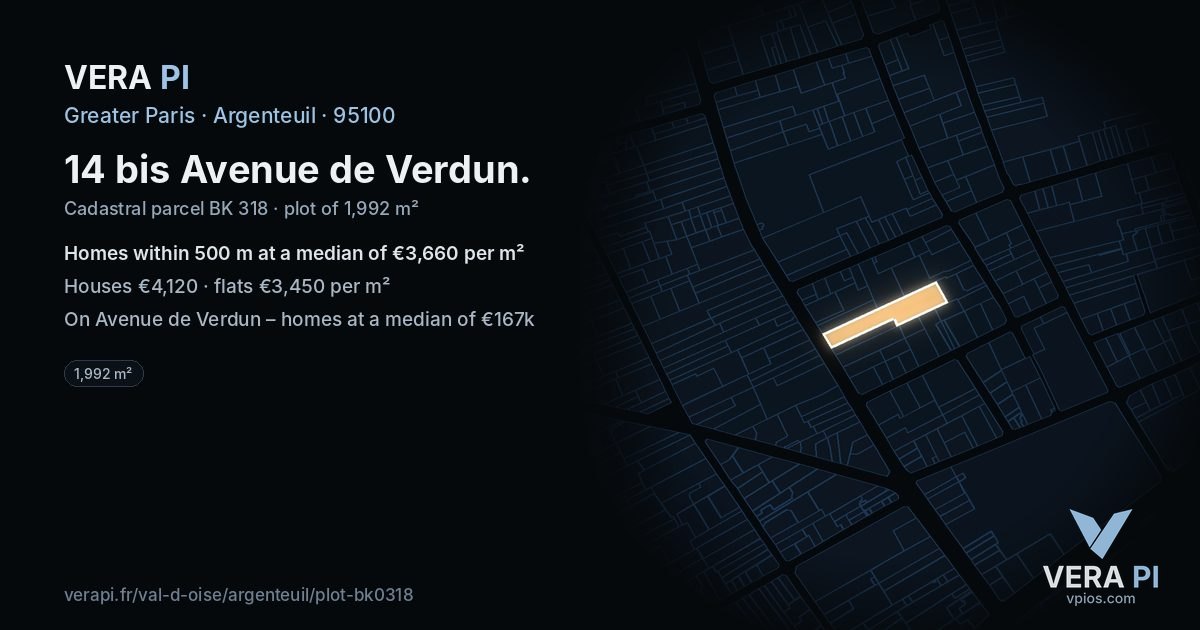 14 bis Avenue de Verdun, Argenteuil at night – the plot lit, the parcels around coloured by the prices near them