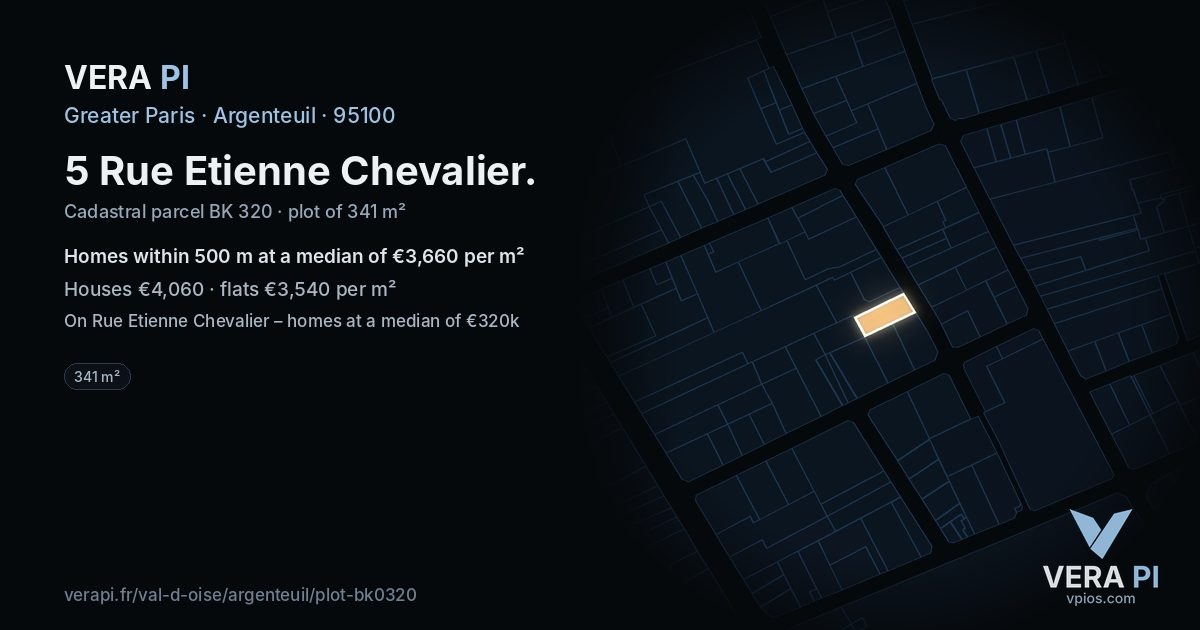 5 Rue Etienne Chevalier, Argenteuil at night – the plot lit, the parcels around coloured by the prices near them
