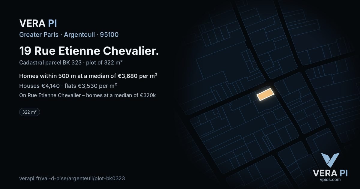 19 Rue Etienne Chevalier, Argenteuil at night – the plot lit, the parcels around coloured by the prices near them