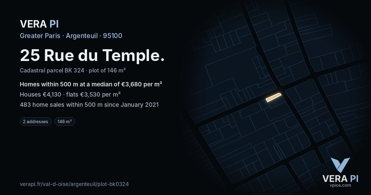 25 Rue du Temple, Argenteuil at night – the plot lit, the parcels around coloured by the prices near them