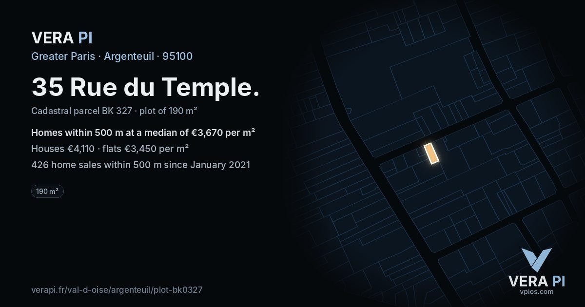 35 Rue du Temple, Argenteuil at night – the plot lit, the parcels around coloured by the prices near them