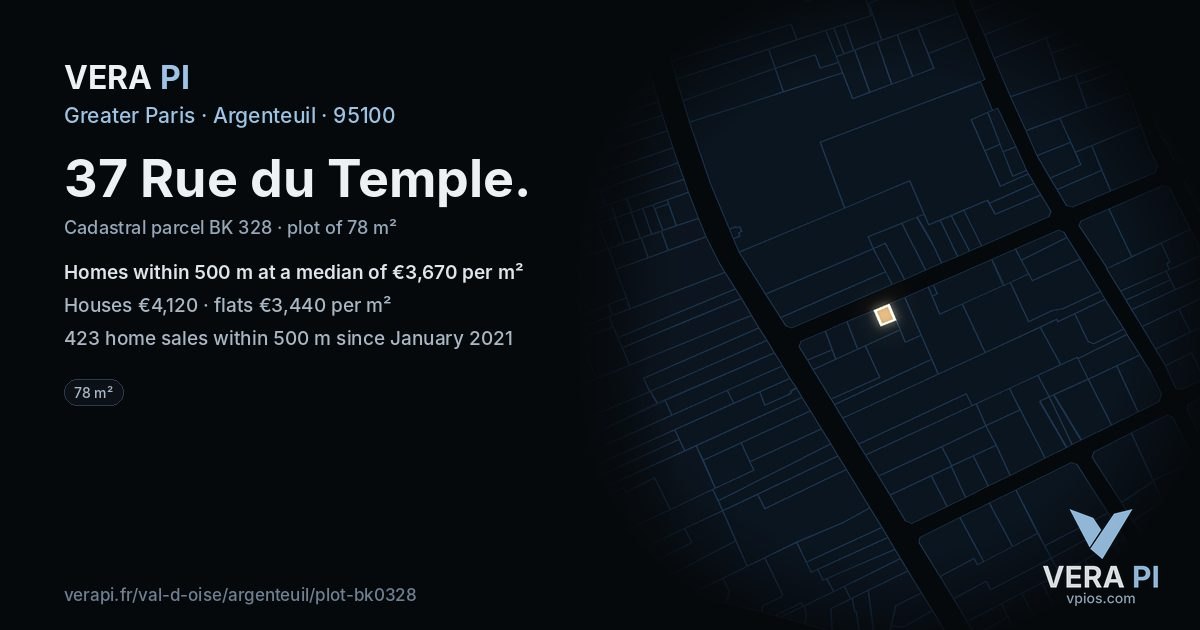 37 Rue du Temple, Argenteuil at night – the plot lit, the parcels around coloured by the prices near them