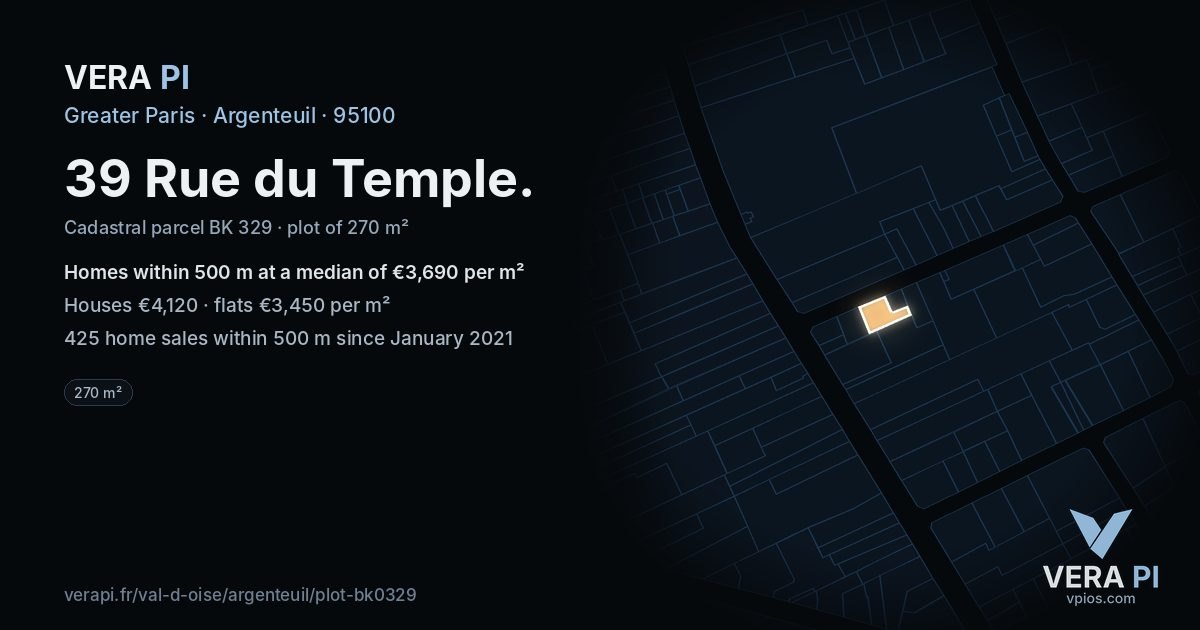 39 Rue du Temple, Argenteuil at night – the plot lit, the parcels around coloured by the prices near them