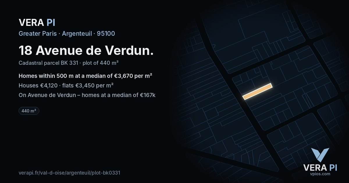 18 Avenue de Verdun, Argenteuil at night – the plot lit, the parcels around coloured by the prices near them