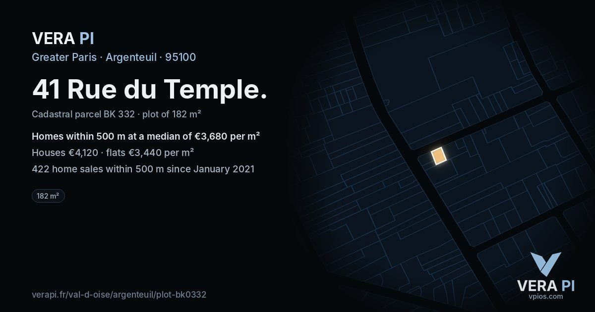 41 Rue du Temple, Argenteuil at night – the plot lit, the parcels around coloured by the prices near them