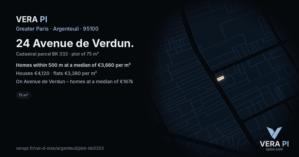 24 Avenue de Verdun, Argenteuil at night – the plot lit, the parcels around coloured by the prices near them