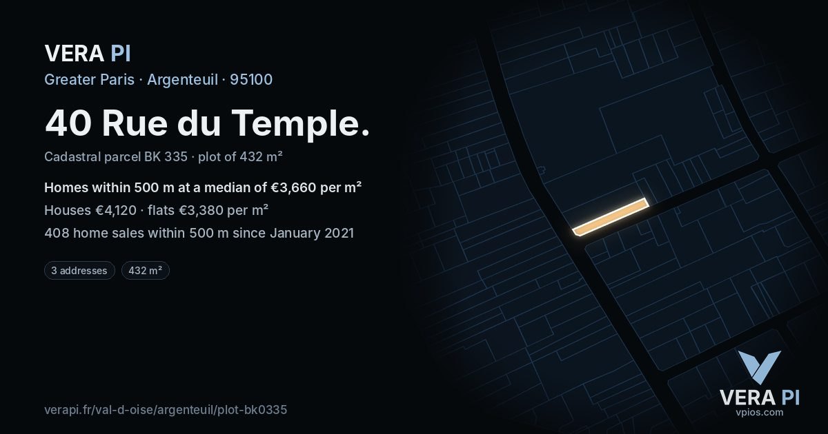 40 Rue du Temple, Argenteuil at night – the plot lit, the parcels around coloured by the prices near them