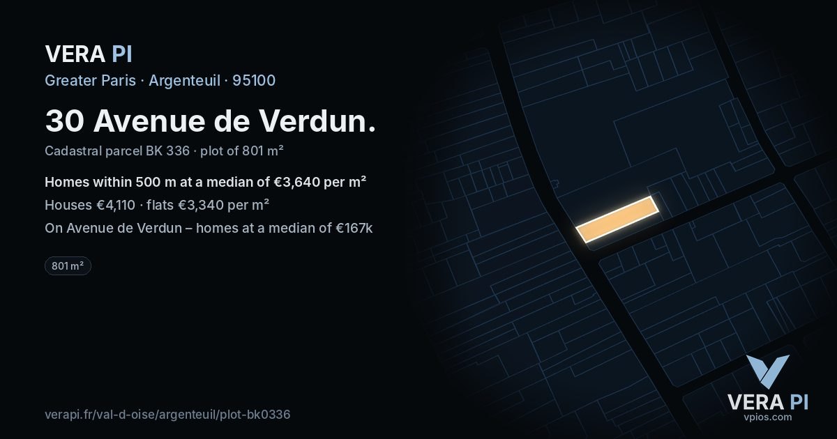 30 Avenue de Verdun, Argenteuil at night – the plot lit, the parcels around coloured by the prices near them