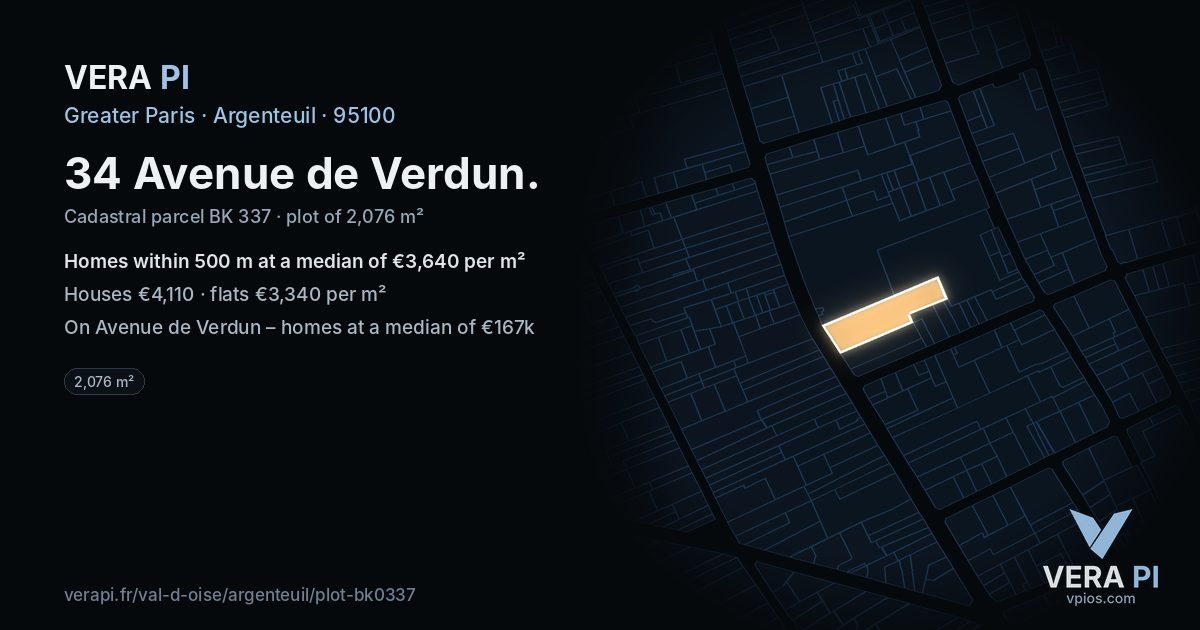 34 Avenue de Verdun, Argenteuil at night – the plot lit, the parcels around coloured by the prices near them
