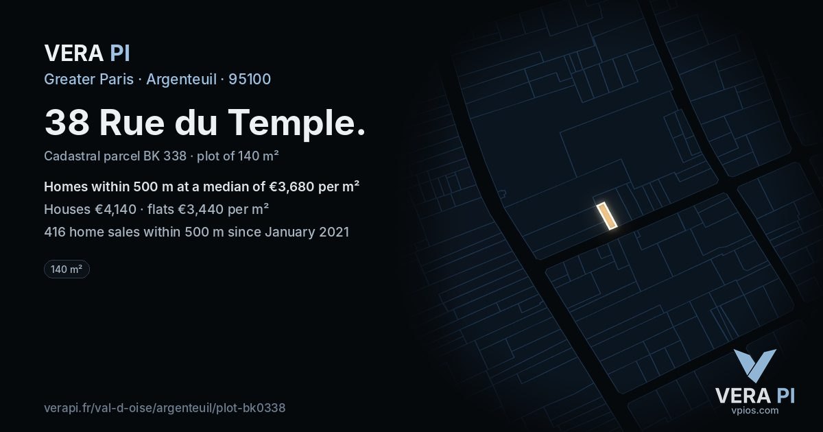 38 Rue du Temple, Argenteuil at night – the plot lit, the parcels around coloured by the prices near them