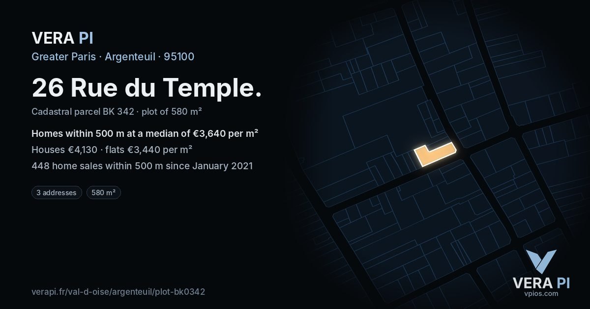 26 Rue du Temple, Argenteuil at night – the plot lit, the parcels around coloured by the prices near them