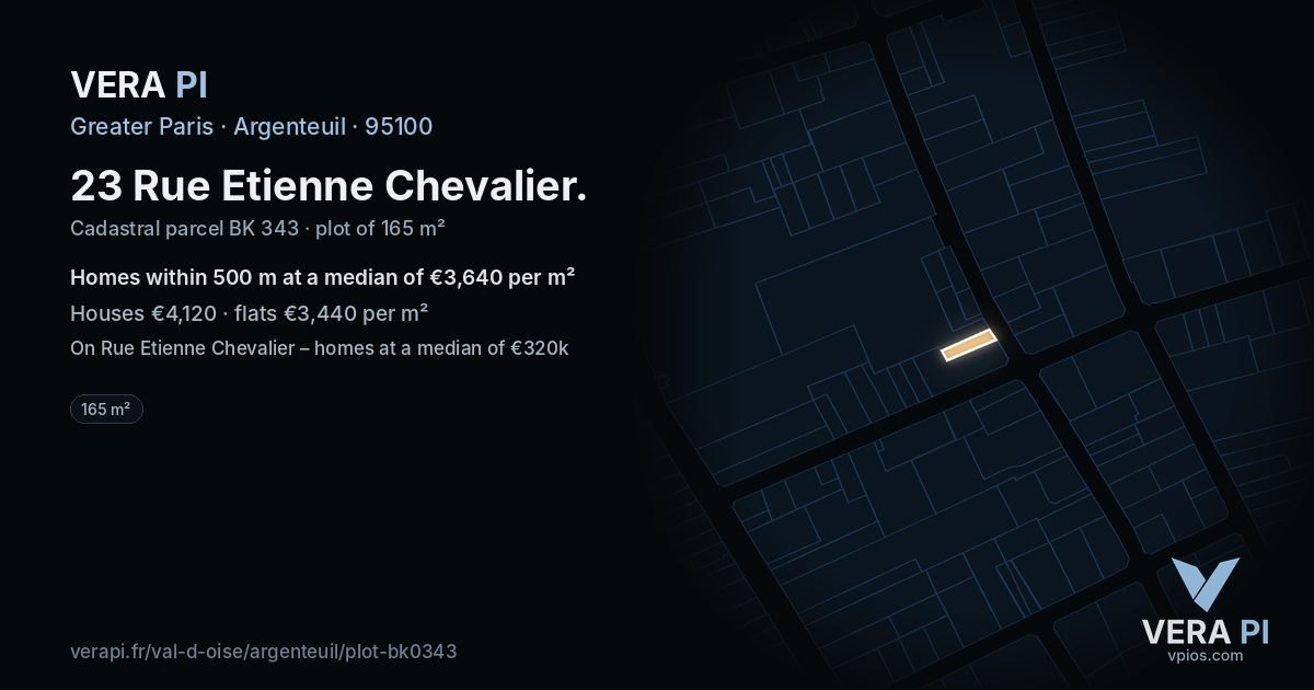 23 Rue Etienne Chevalier, Argenteuil at night – the plot lit, the parcels around coloured by the prices near them