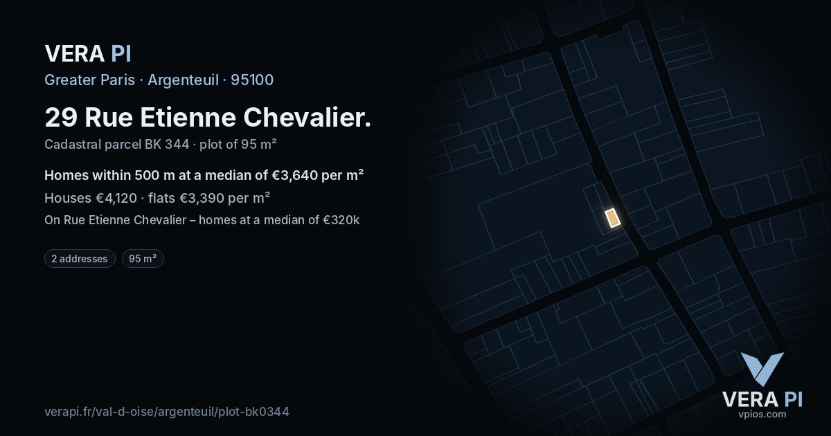 29 Rue Etienne Chevalier, Argenteuil at night – the plot lit, the parcels around coloured by the prices near them