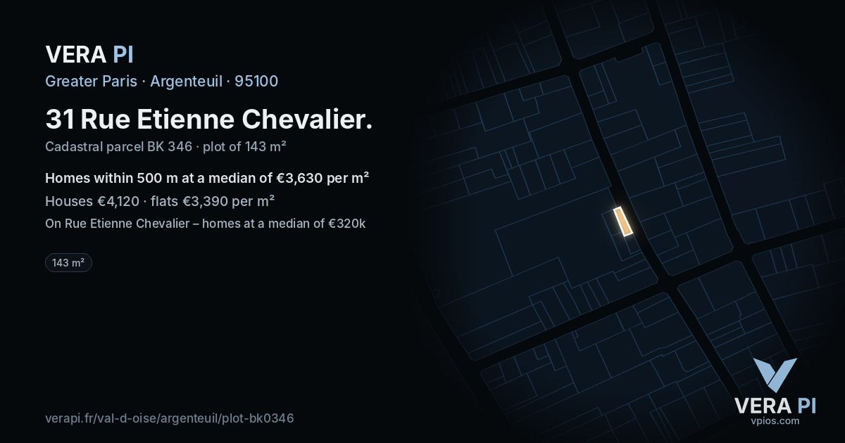 31 Rue Etienne Chevalier, Argenteuil at night – the plot lit, the parcels around coloured by the prices near them