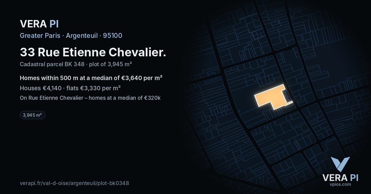 33 Rue Etienne Chevalier, Argenteuil at night – the plot lit, the parcels around coloured by the prices near them