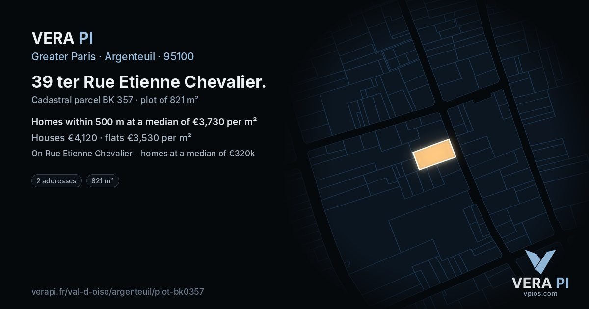 39 ter Rue Etienne Chevalier, Argenteuil at night – the plot lit, the parcels around coloured by the prices near them