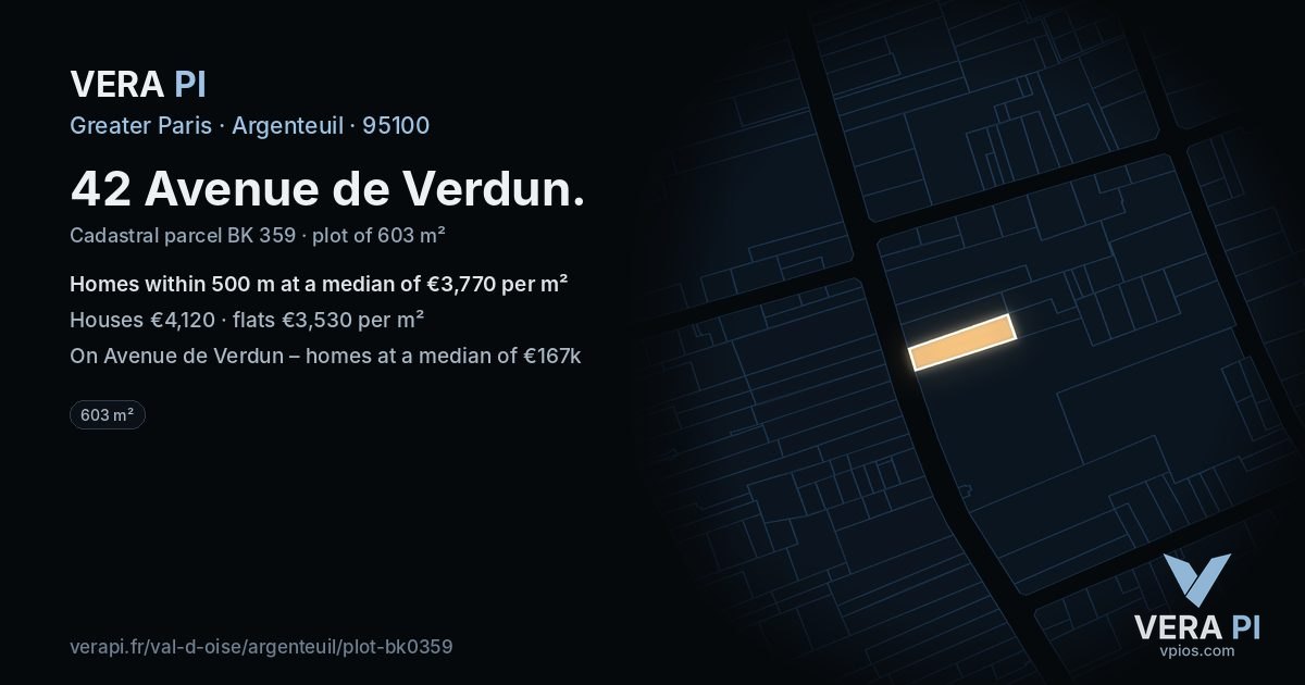 42 Avenue de Verdun, Argenteuil at night – the plot lit, the parcels around coloured by the prices near them