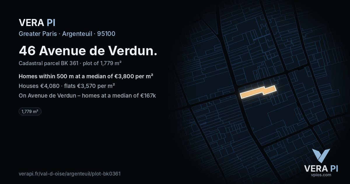 46 Avenue de Verdun, Argenteuil at night – the plot lit, the parcels around coloured by the prices near them