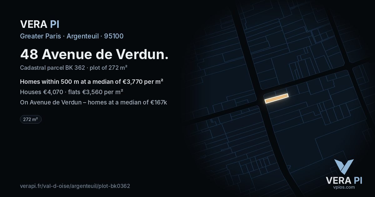 48 Avenue de Verdun, Argenteuil at night – the plot lit, the parcels around coloured by the prices near them