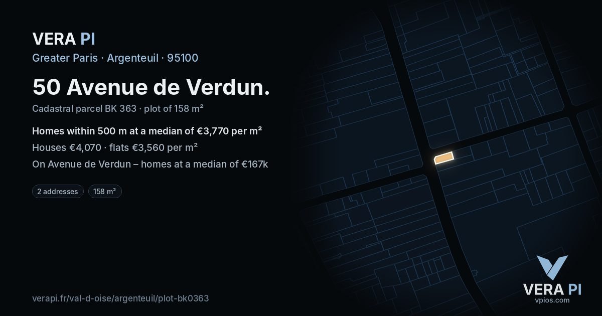 50 Avenue de Verdun, Argenteuil at night – the plot lit, the parcels around coloured by the prices near them