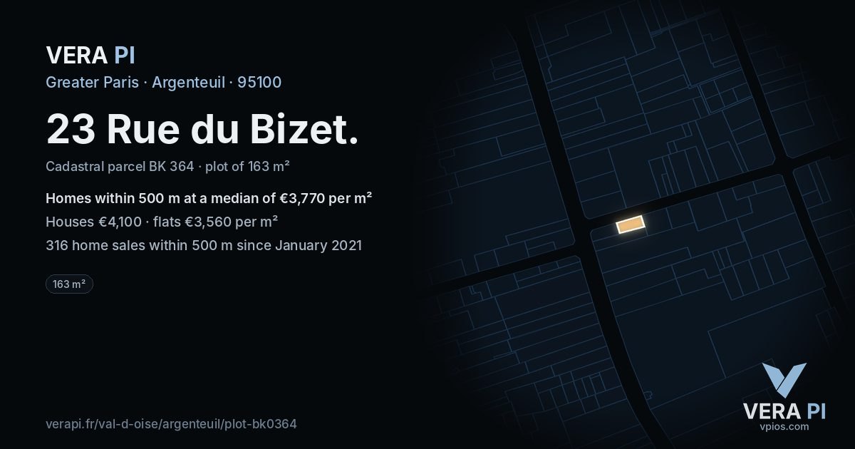 23 Rue du Bizet, Argenteuil at night – the plot lit, the parcels around coloured by the prices near them