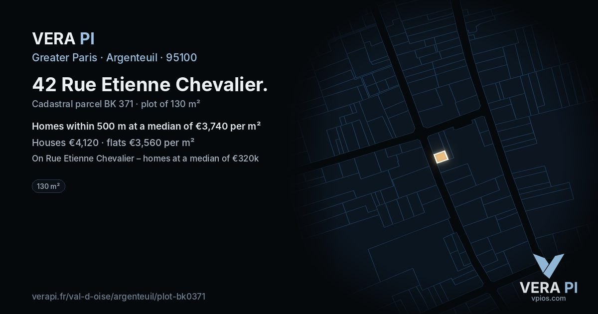 42 Rue Etienne Chevalier, Argenteuil at night – the plot lit, the parcels around coloured by the prices near them