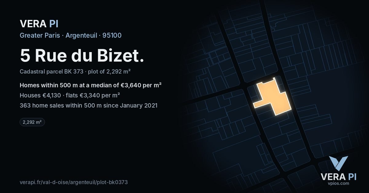 5 Rue du Bizet, Argenteuil at night – the plot lit, the parcels around coloured by the prices near them
