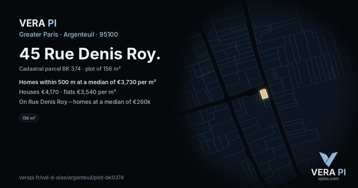 45 Rue Denis Roy, Argenteuil at night – the plot lit, the parcels around coloured by the prices near them