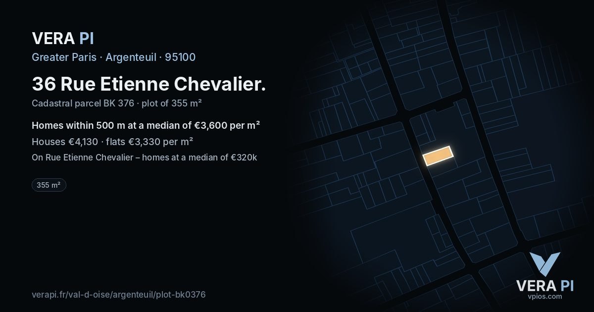 36 Rue Etienne Chevalier, Argenteuil at night – the plot lit, the parcels around coloured by the prices near them