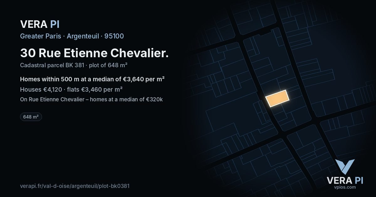 30 Rue Etienne Chevalier, Argenteuil at night – the plot lit, the parcels around coloured by the prices near them