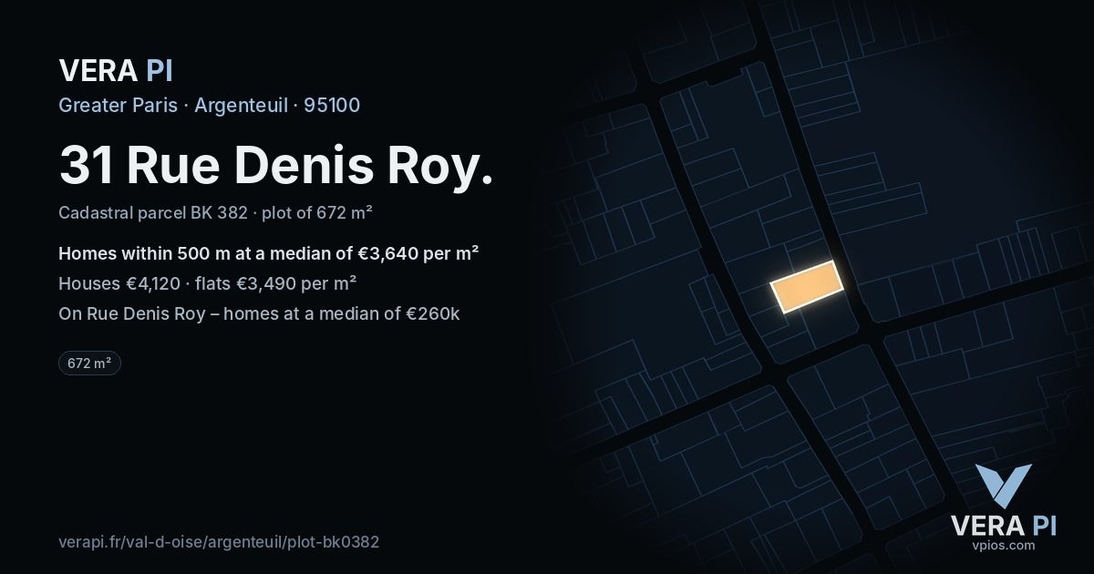 31 Rue Denis Roy, Argenteuil at night – the plot lit, the parcels around coloured by the prices near them