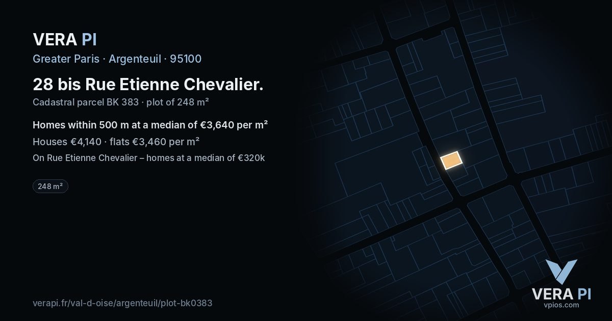 28 bis Rue Etienne Chevalier, Argenteuil at night – the plot lit, the parcels around coloured by the prices near them