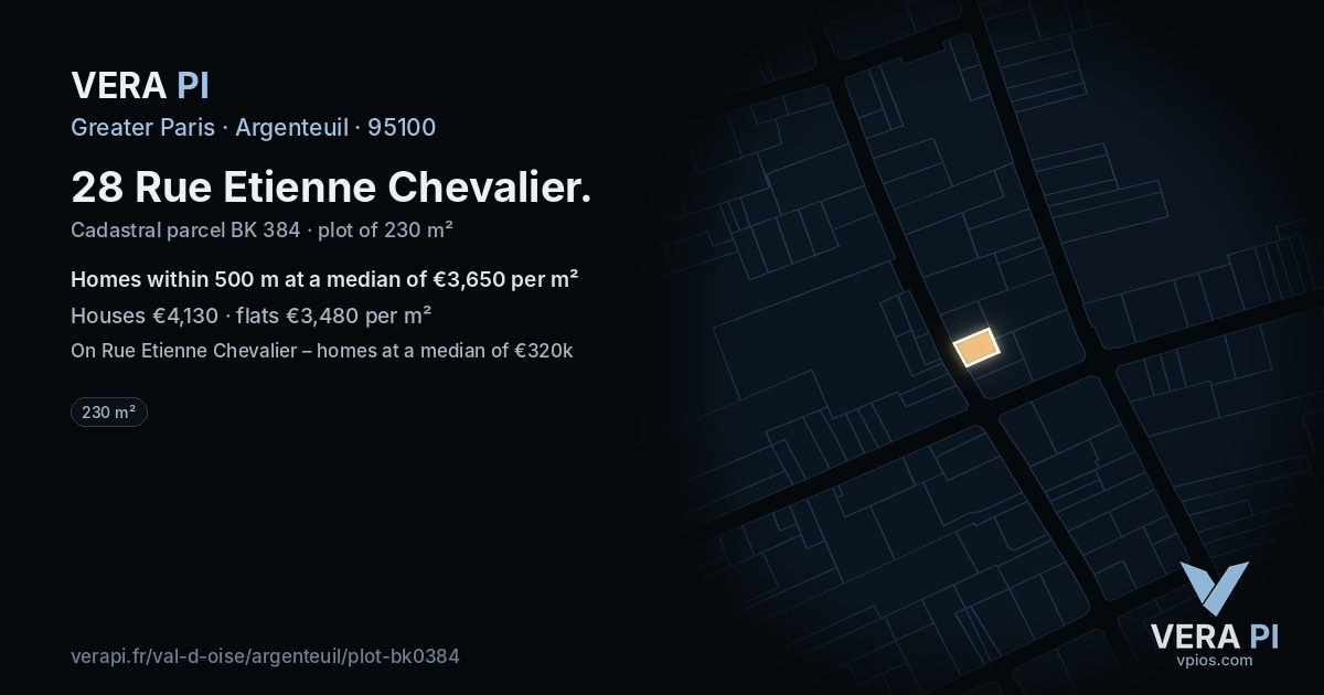 28 Rue Etienne Chevalier, Argenteuil at night – the plot lit, the parcels around coloured by the prices near them
