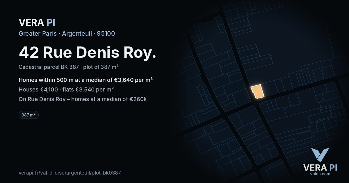 42 Rue Denis Roy, Argenteuil at night – the plot lit, the parcels around coloured by the prices near them
