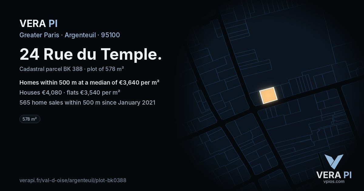 24 Rue du Temple, Argenteuil at night – the plot lit, the parcels around coloured by the prices near them