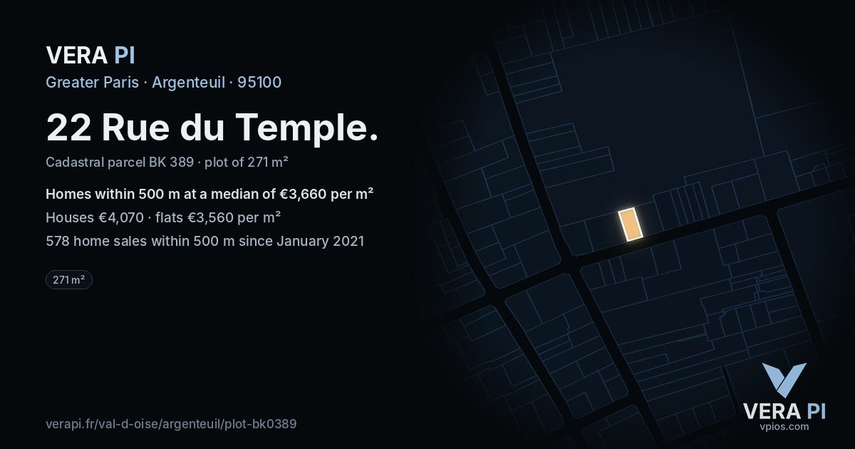 22 Rue du Temple, Argenteuil at night – the plot lit, the parcels around coloured by the prices near them