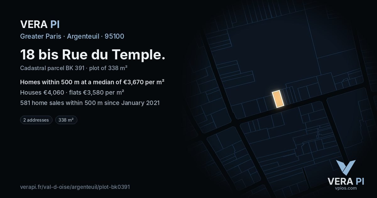 18 bis Rue du Temple, Argenteuil at night – the plot lit, the parcels around coloured by the prices near them